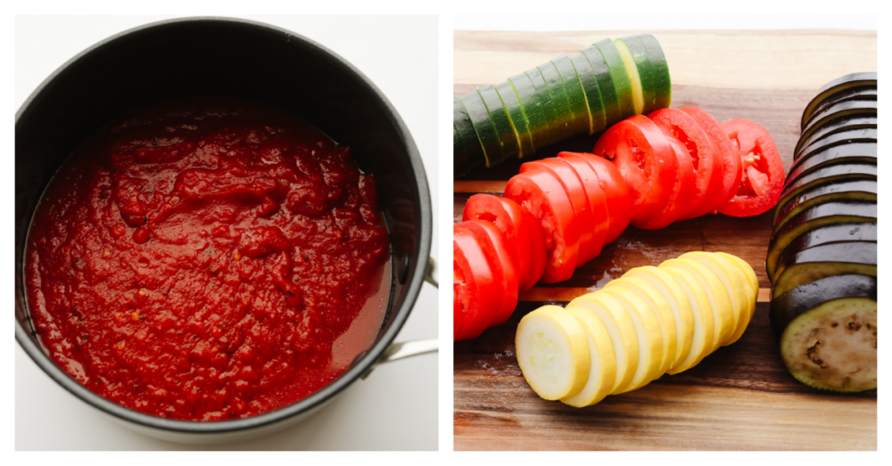 This ratatouille is made up of delicious sliced vegetables that are seasoned to perfection and cooked in a delicious sauce. It's so good that you will want to add it as a side to every meal! 2 pictures showing sauce and sliced vegetables.