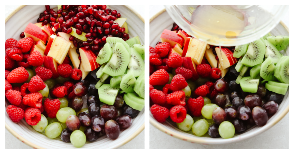This easy Christmas fruit salad recipe is loaded with red and green fruit making it the perfect light and healthy addition to your holiday table! With a super simple dressing, it comes together quickly and is sure to be a hit! 2 pictures showing a bowl of fruit and then dressing being poured onto the fruit.