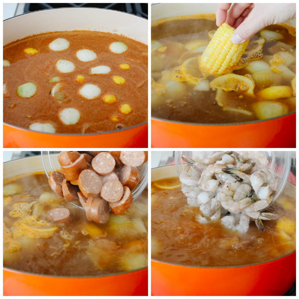 A southern classic, this shrimp boil recipe includes corn, potatoes, sausage, and shrimp boiled together in one pot and packed full of delicious flavor! It's a tried and true favorite that you don't want to miss! 4 pictures showing how to add ingredients to seasoned, boiling water.