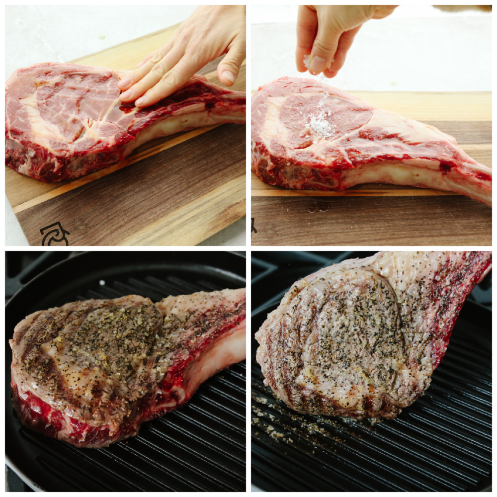 This tomahawk steak is juicy, tender, and filled with insanely delicious flavor! Make it your main dish for any occasion and your guests will keep coming back for more! 4 pictures showing how to add oil, and salt and pepper to a steak and then sear it.