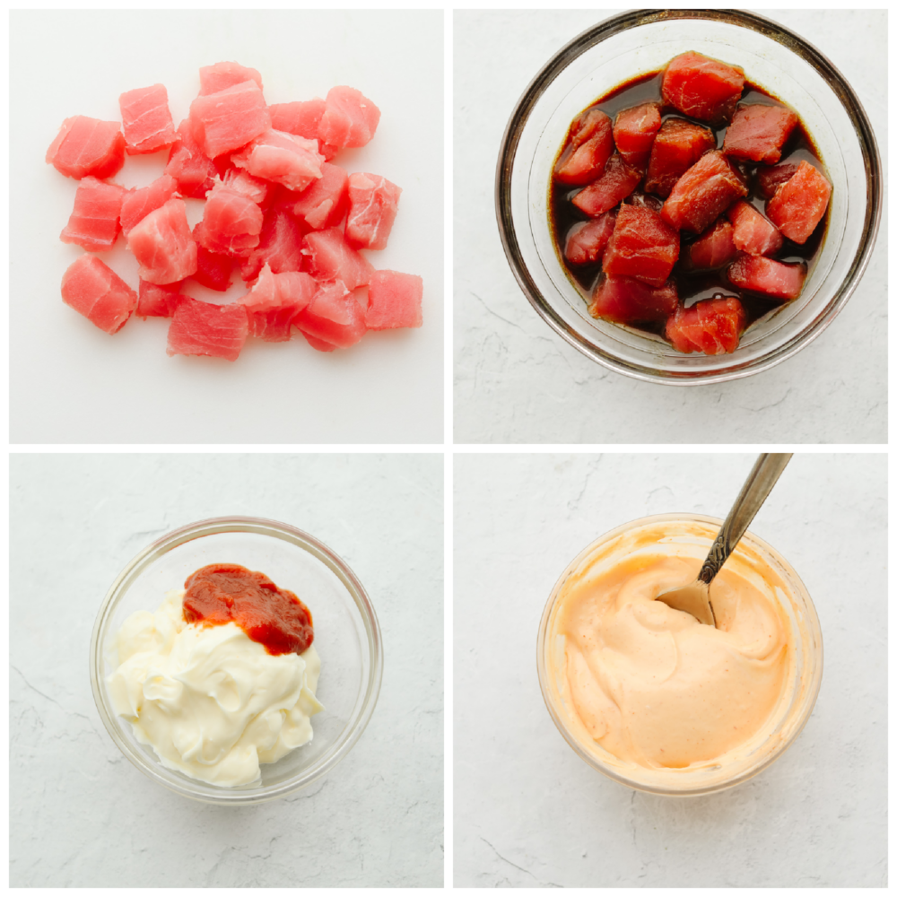 This Hawaiian poke bowl is fantastically fresh and full of healthy ingredients! Skip ordering this at a restaurant and make it at home in less than 15 minutes! 4 pictures showing how to marinate the tuna and how to make spicy aioli sauce.