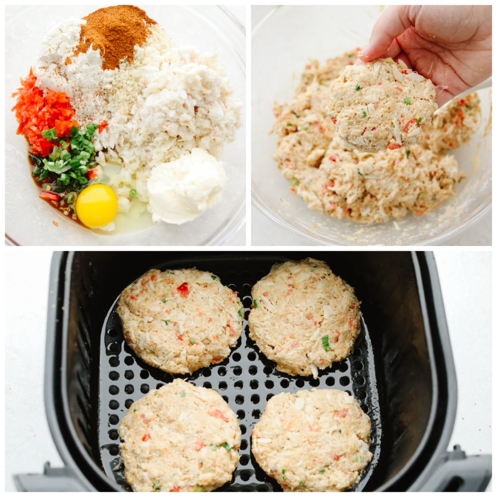 Air fryer crab cakes are an amazing appetizer that comes together in a snap! Each bite is tender, savory, and packed with all the crab flavor you crave! The process of making crab cakes in three photos.