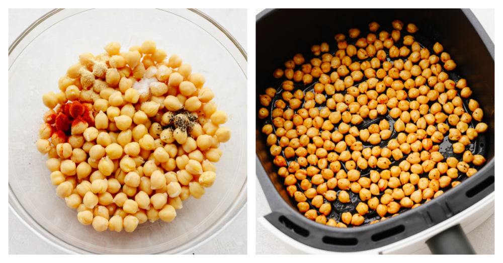 Air fryer chickpeas are crispy and flavored to perfection! With three different ways to season them, there will be a flavor for everyone. These crunchy, roasted chickpeas will become your new go-to snack! 2 pictures showing how to add seasoning to chickpeas and place them in an air fryer.