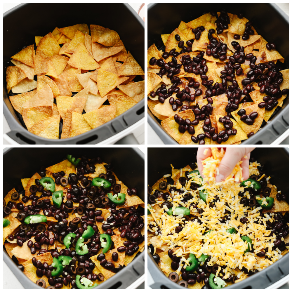 Air fryer nachos are loaded with cheese and vegetables and cooked to absolute perfection. This quick and easy appetizer is perfect for game day or any family get-together! 4 pictures showing how to add chips to an air fryer and top them with beans, jalapeรฑos and cheese.