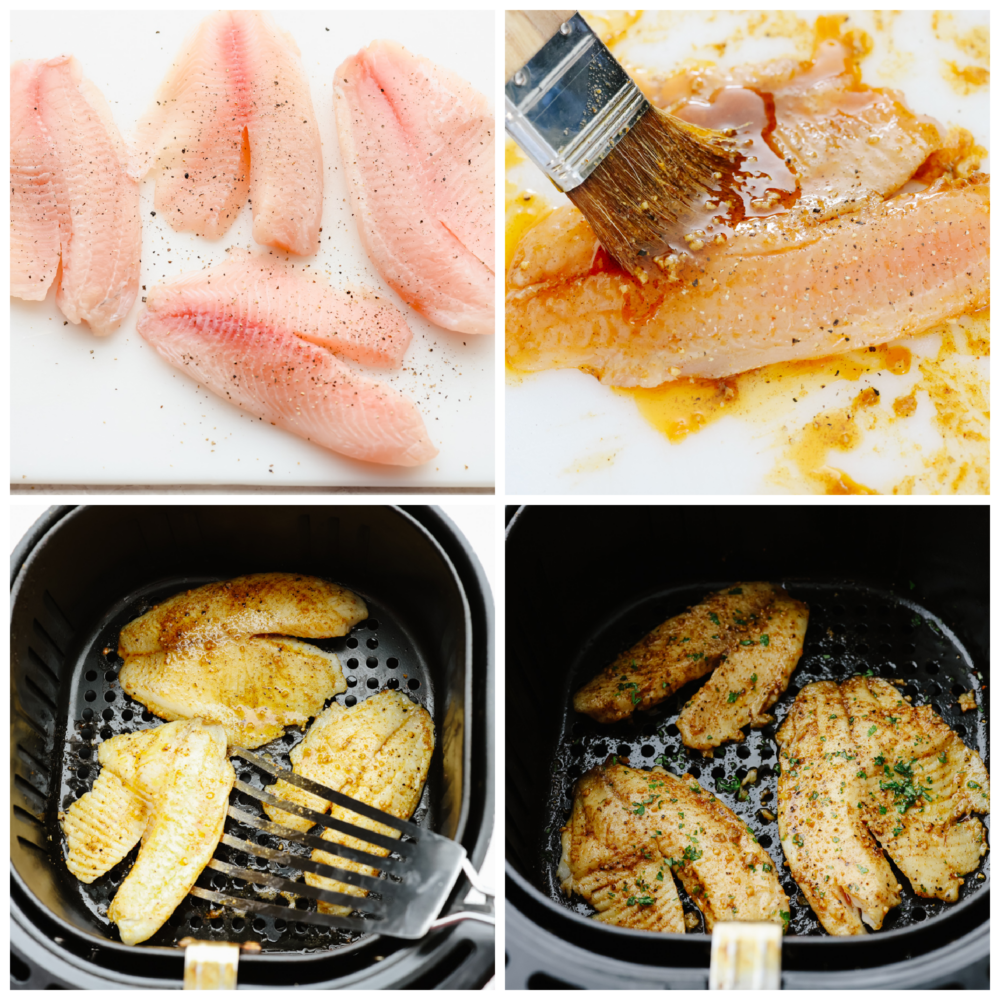 Using an air fryer and Cajun spices is the best way to cook up this tender fish! This air fryer cajun garlic butter tilapia is so easy and delicious, it's sure to become a new favorite lunch! Process shots of seasoning tilapia and cooking in air fryer.