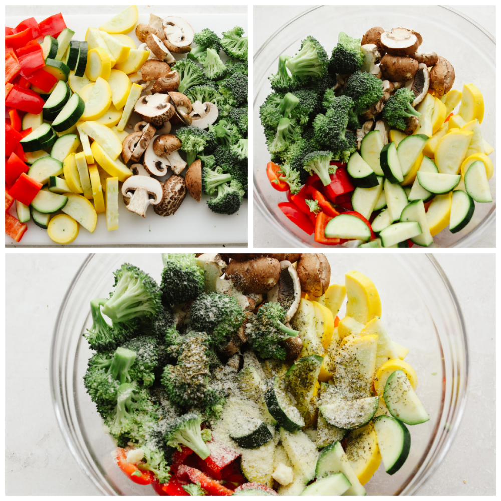 Cooking your vegetables in an air fryer doesn't get much easier (or more delicious!) than this! Crispy and tender, these veggies will be the best side dish that you've ever had! 3 pictures showing how to mix and season vegetables.