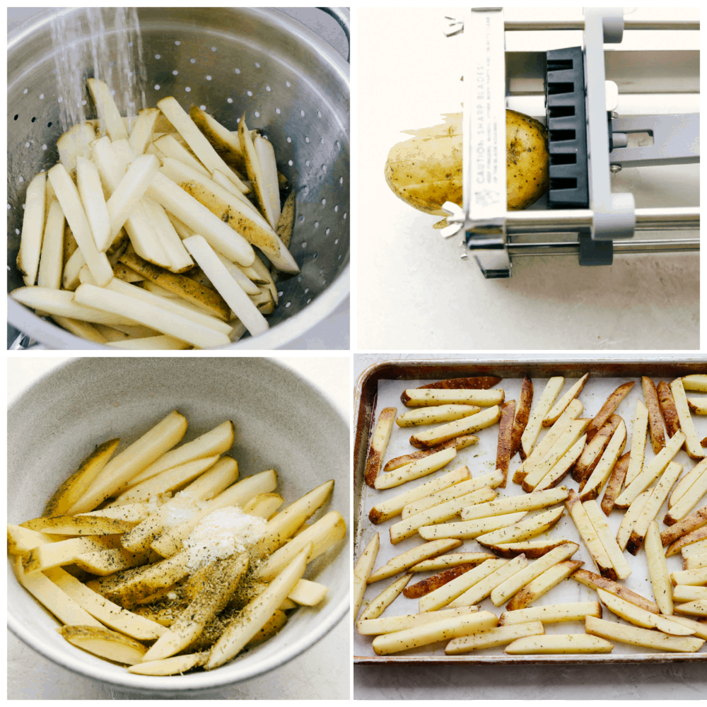These golden, baked fries are perfectly crispy without the mess of deep-frying! Tossed with oil and tasty Italian herbs, these are sure to become a new family favorite! Process shots of slicing potatoes and adding seasonings.