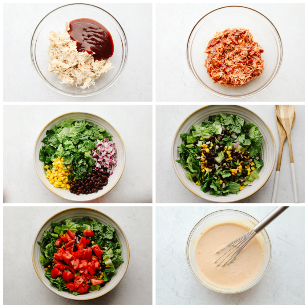 This BBQ chicken salad is healthy and packed to the brim with flavor! Filled with veggies, shredded chicken, and crispy tortilla chips, this salad really takes off when you add in the dressing. It's to die for! 6 pictures showing how to mix the chicken and BBQ sauce, add in the lettuce and veggies and mix the dressing.
