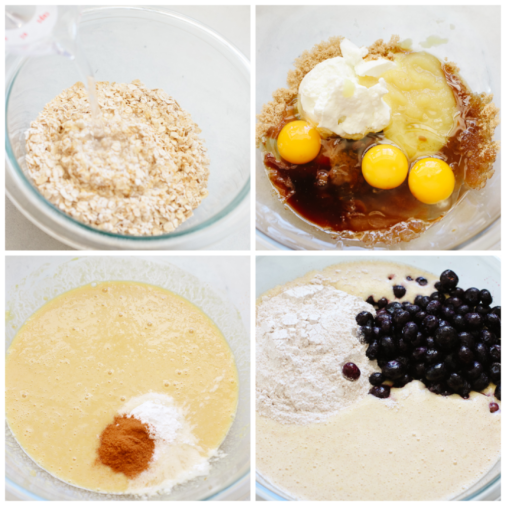 These blueberry oatmeal muffins are a healthy, hearty snack or breakfast loaded with whole grains and bursting berries! They're a delicious way to give you energy throughout your busy days! Process shots of preparing oatmeal and muffin batter.
