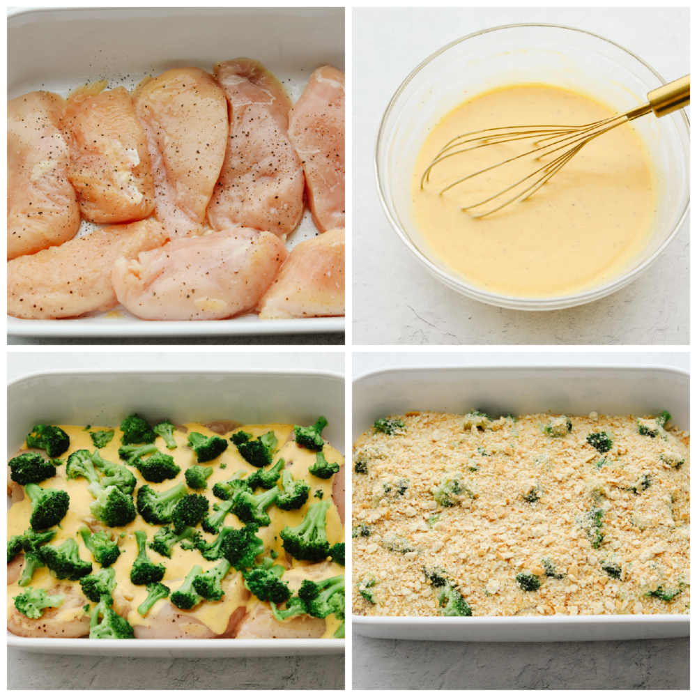 Comfort food at its finest, this broccoli cheddar chicken will fill you right up! Insanely delicious and straightforward to make, this is a dinner your entire family will go crazy over! 4 pictures showing how to add chicken, sauce broccoli and cracker crumbs to the meal.