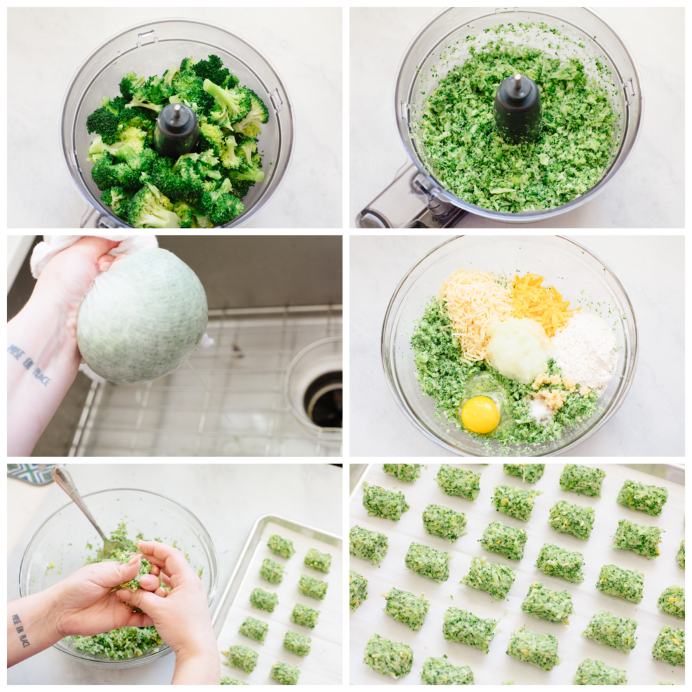 A delicious and cheesy twist on a classic favorite, these broccoli tots will fly off of your table. They are the perfect side or appetizer for any meal! 6 pictures showing how to pulse broccoli, mix the ingredients and form the tots.