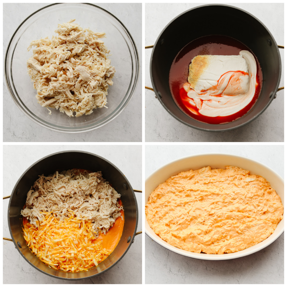 This buffalo chicken dip is the absolute best! Fully loaded with chopped chicken, three types of cheeses, sour cream, and delicious seasonings, this dip has the spicy hot sauce flavor that you are looking for! 4 pictures showing how to add the chicken , sauce and cheese to a pan and melt.