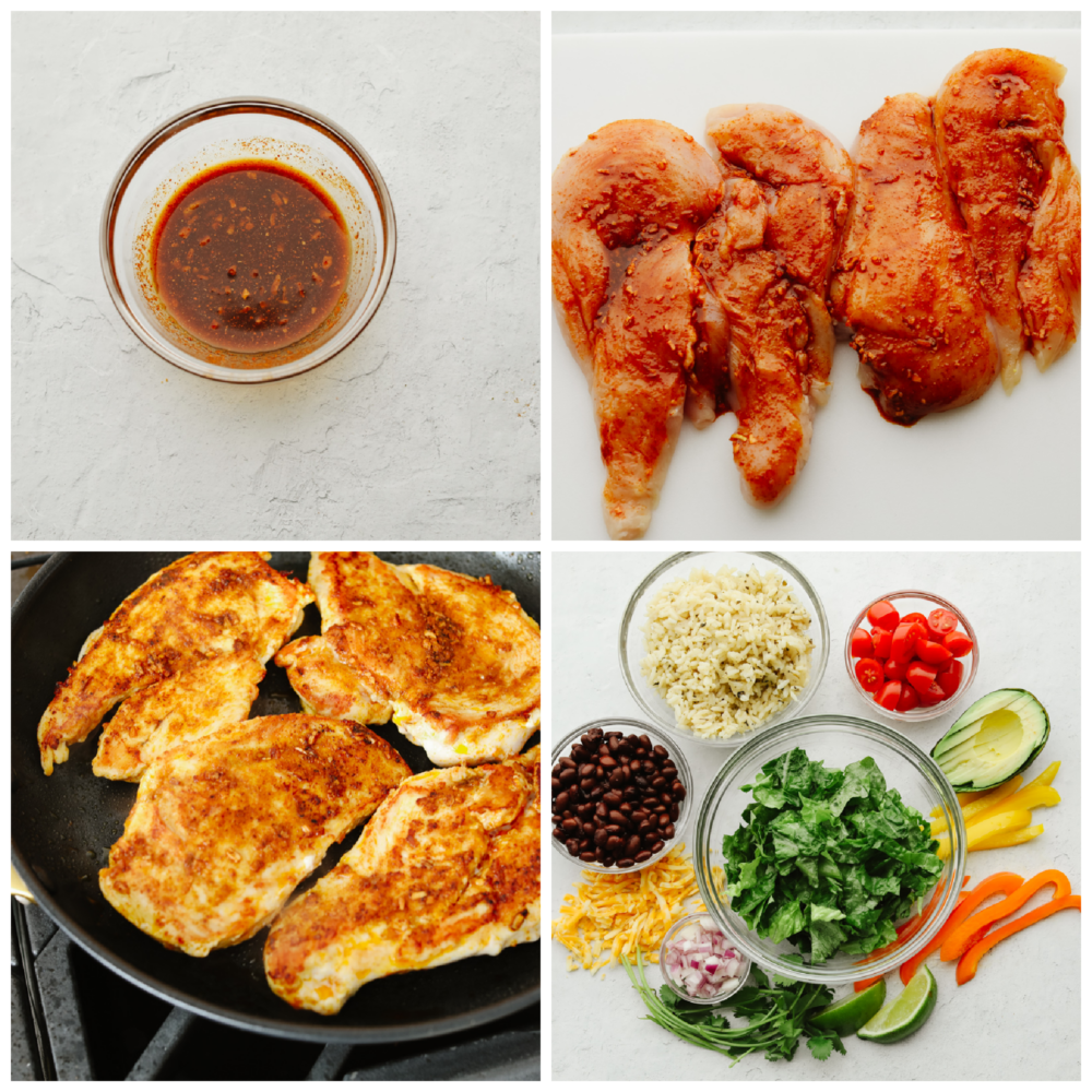 Packed with fresh veggies, rice, and juicy seared chicken, burrito bowls are the most delicious way to fuel your body! Topped off with creamy cilantro ranch, this is the perfect lunch filled with amazing flavor and texture. Process shots of preparing marinade, chicken, and burrito bowl toppings.