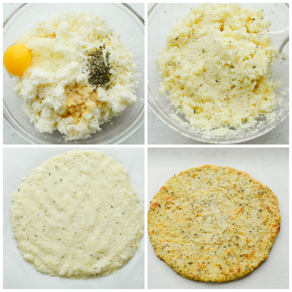 This cauliflower pizza crust is grain-free and absolutely delicious!! It's so easy to make and when you are done, you won't be able to even tell that it's the healthy version! It's THAT good! 4 pictures showing how to mix the ingredients to make a cauliflower crust.