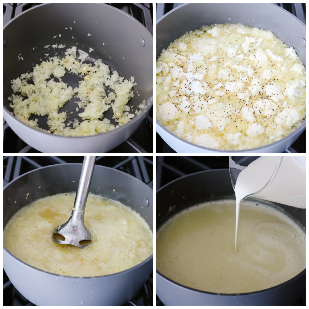 Cauliflower soup is so creamy and delicious. It's made from simple ingredients so that you can load it up with your favorite toppings or enjoy it on its own. It will be a hit with the entire family! 4 pictures showing how to make cauliflower soup.