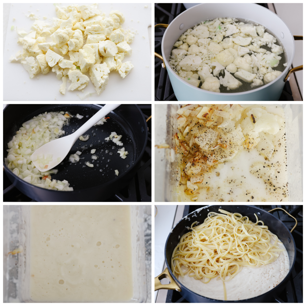 This cauliflower alfredo sauce is rich, creamy, and healthy! With this sauce, you get all of that insanely delicious flavor without the heavy cream. It's so good that you will want to put it on everything! 6 pictures showing how to make cauliflower alfredo sauce.