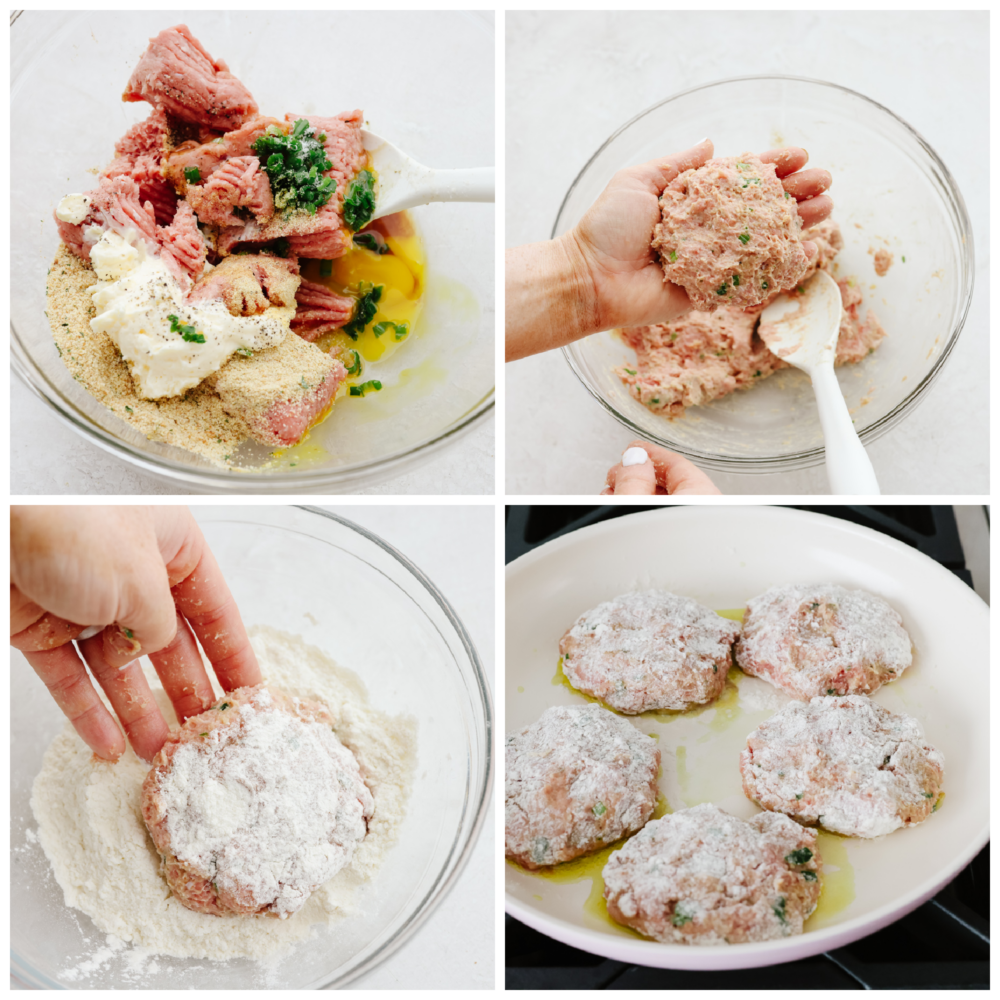 These chicken patties are crispy and perfectly browned on the outside and juicy and tender on the inside. They are a delicious addition to any meal for any occasion! 4 pictures showing how to mix the ingredients, form the patties and cook them in oil.