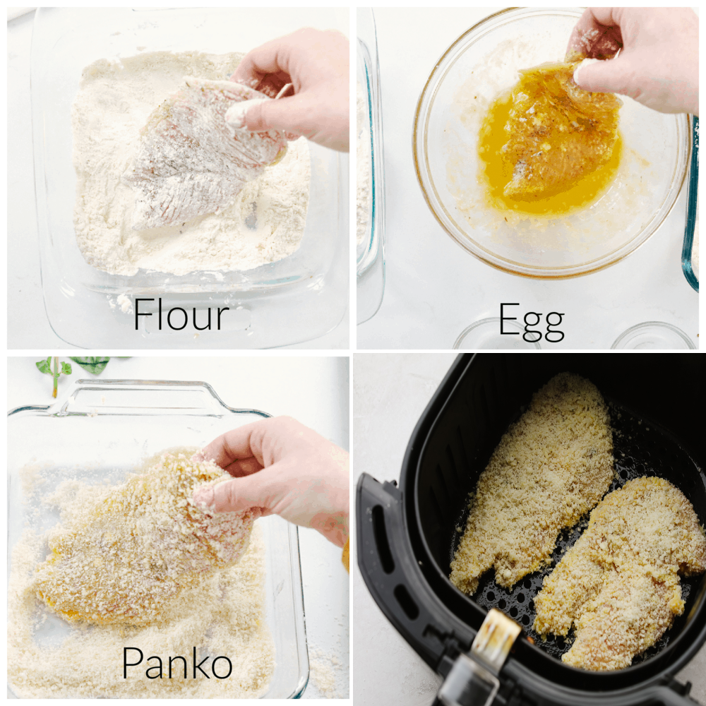 Air fryer chicken parmesan is cheesy, crispy, and cooks up in less than 10 minutes! It’s an easy-to-make dinner that your family will go crazy over! Photos of battering chicken and placing in air fryer.