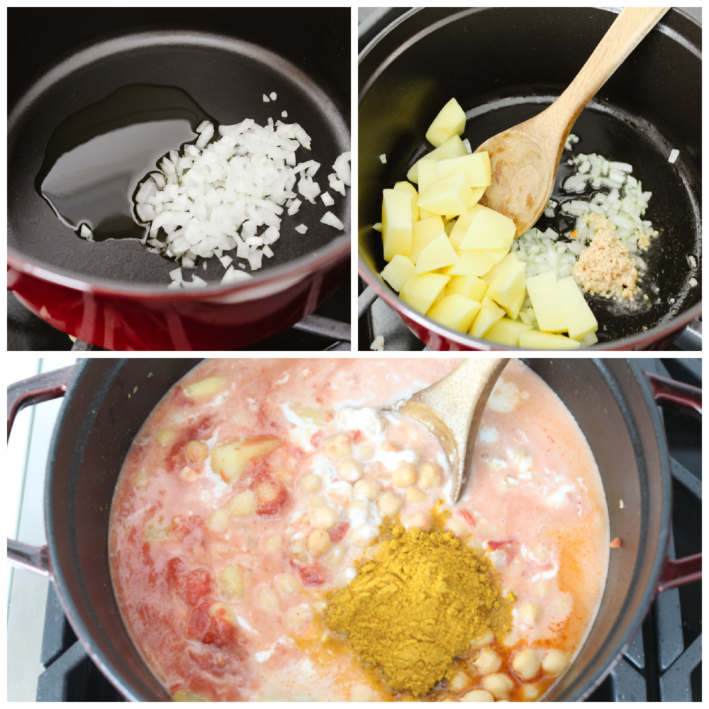 Chickpea curry is easy, healthy, and bursting with flavor! You'll be hooked after one bite of this hearty curry loaded with garlic, spices, and tender pieces of potato. 3 process photos of sauteeing vegetables and adding curry ingredients to a pot.