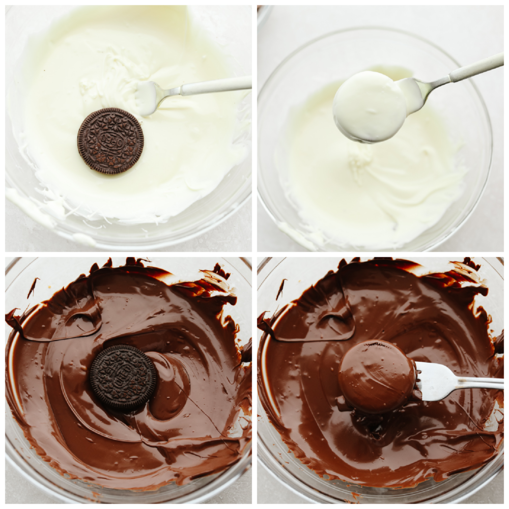 Add a layer of indulgence to a classic cookie with these chocolate covered Oreos! These little bites of chocolatey goodness are a crowd-pleaser wherever they go! White and Chocolate melted in clear glass bowls.