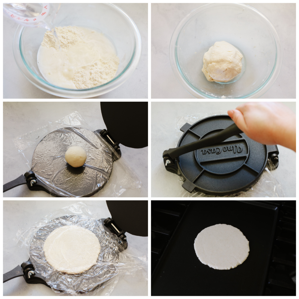 Homemade corn tortillas only have three ingredients and are a cinch to make! These guys are crispy on the edges, soft on the inside, and full of corn flavor. 6 pictures showing how to form tortilla dough and press it flat.