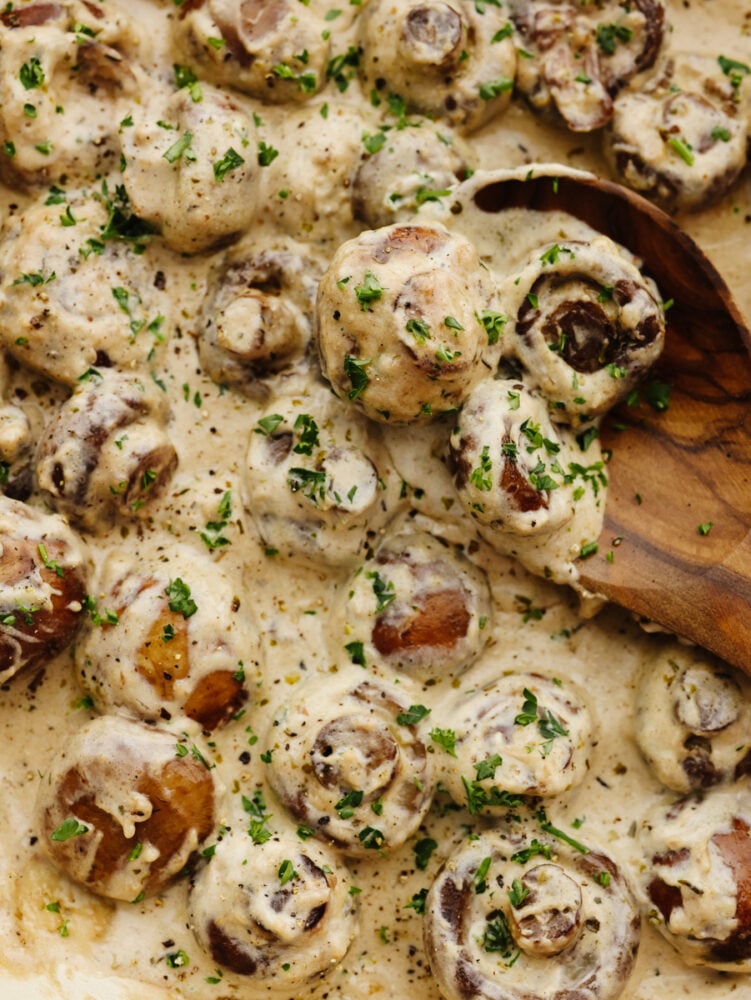 Calling all mushroom lovers! These creamy garlic parmesan mushrooms are waiting for you! Sautรฉed in garlic butter until tender and then tossed in the most AMAZING creamy parmesan sauce, these easy mushrooms will be off the plate and in your mouth in less than 10 minutes! Creamy, garlic parmesan mushrooms being served with a wooden spoon.