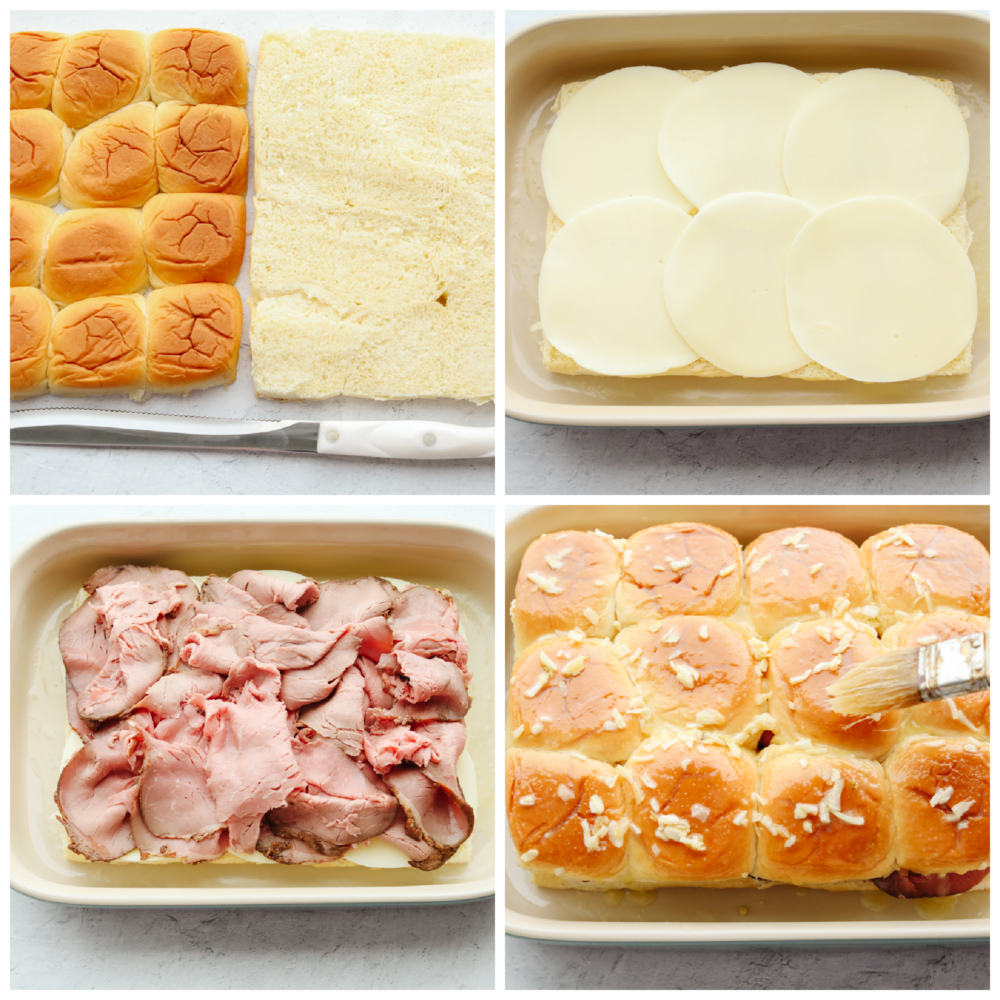 French dip sliders are filled with tender roast beef and melty provolone in bite-size form! It's a delicious pull-apart treat for a large crowd! Process shots of preparing French dip sliders.