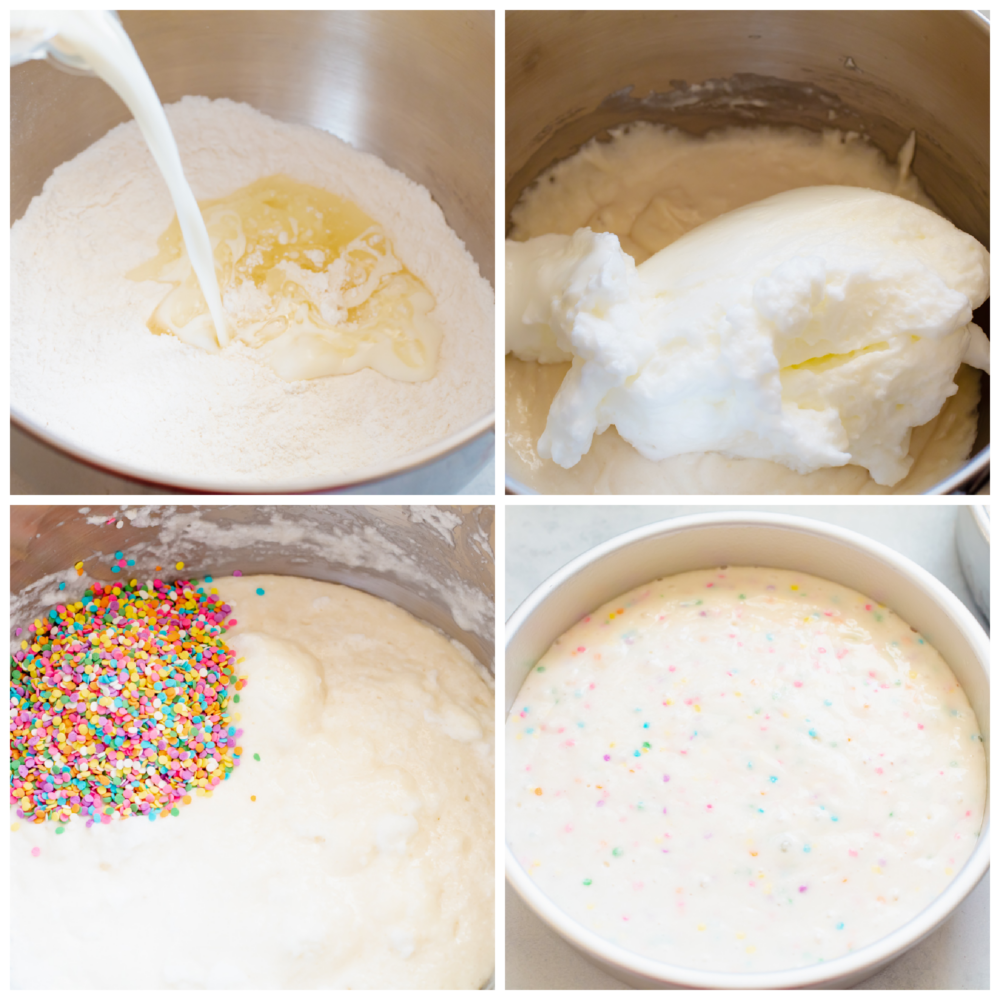 This light and fluffy homemade funfetti cake is perfect for every celebration! A white cake bursting with rainbow sprinkles is so delicious and will have everyone asking for a second slice. 4 pictures showing how to make and mix the batter with sprinkles.