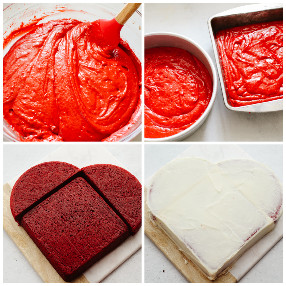 Festive and delicious, this heart-shaped cake is ready to impress your valentine! You can't go wrong with a red velvet cake topped with luscious cream cheese frosting! Process shots of making a heart-shaped cake.
