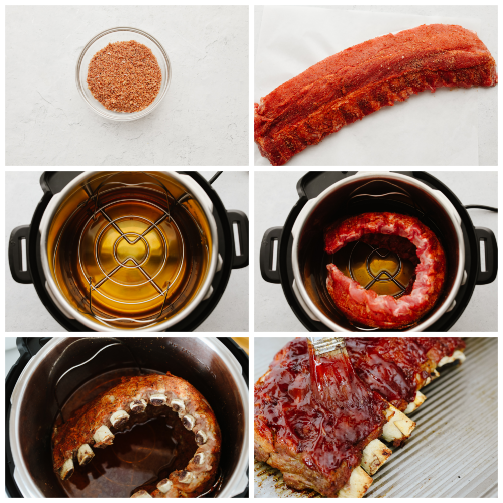 These Instant Pot ribs are fall off the bone tender, easy to make, and loaded with flavor! Enjoy straight them out of the pressure cooker slathered with your favorite bbq sauce! 6 pictures showing how to prepare the ribs and put them in an Instant Pot.