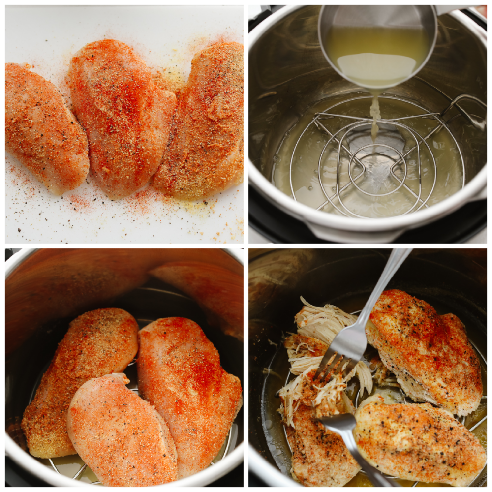 This instant pot shredded chicken is the solution to all of your chicken needs! It's seasoned, moist, and easy to shred, which makes it the perfect go-to recipe when you need shredded chicken for any dish. 4 pictures showing how to season chicken breasts, add it to the instant pot and cover them with chicken broth.
