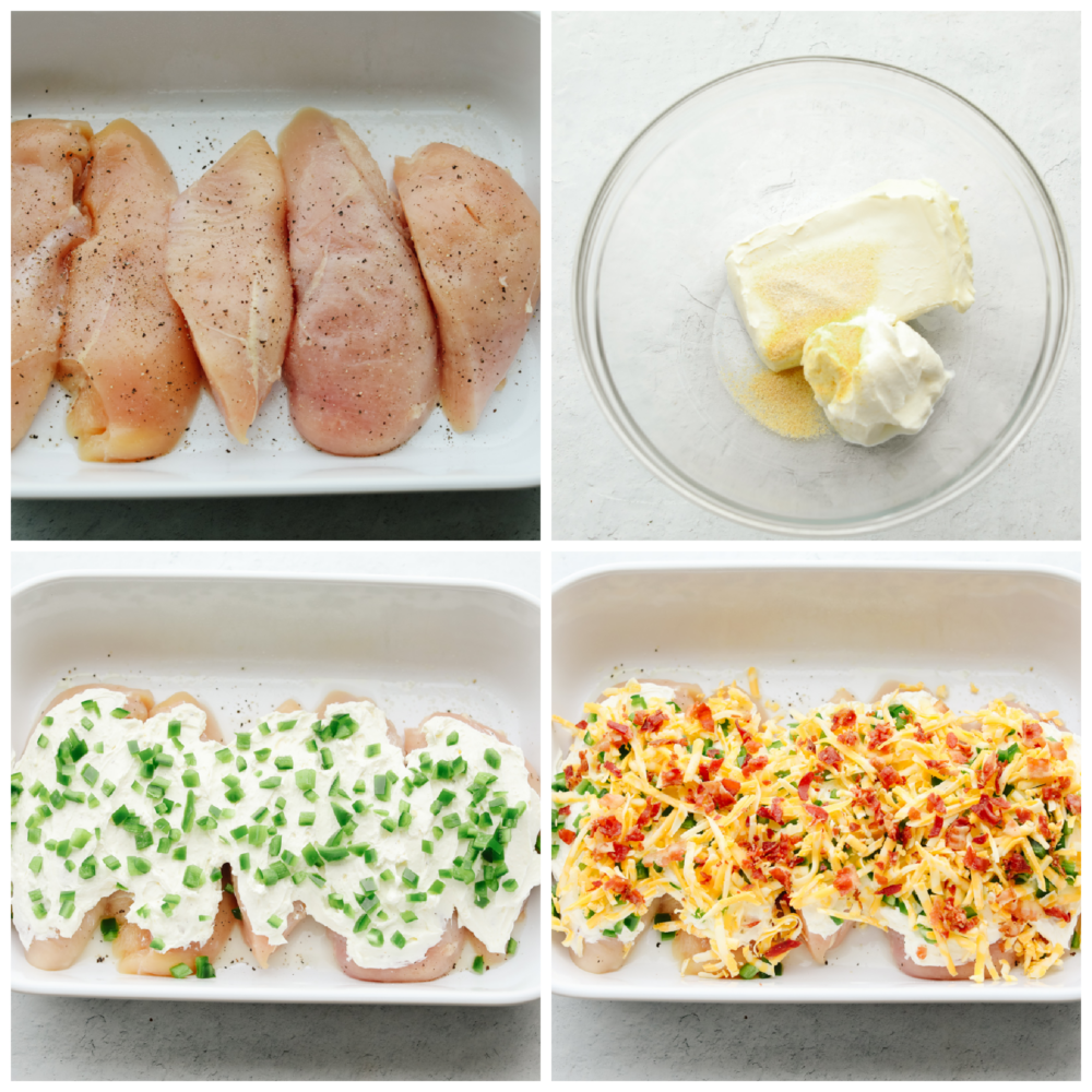 Dinnertime-ready, this jalapeno popper chicken is creamy and delicious with the perfect amount of heat! It has all of the flavors of your favorite appetizers, but in one easy-to-make meal! Process shots of preparing chicken breasts and jalapeno cream cheese mixture.