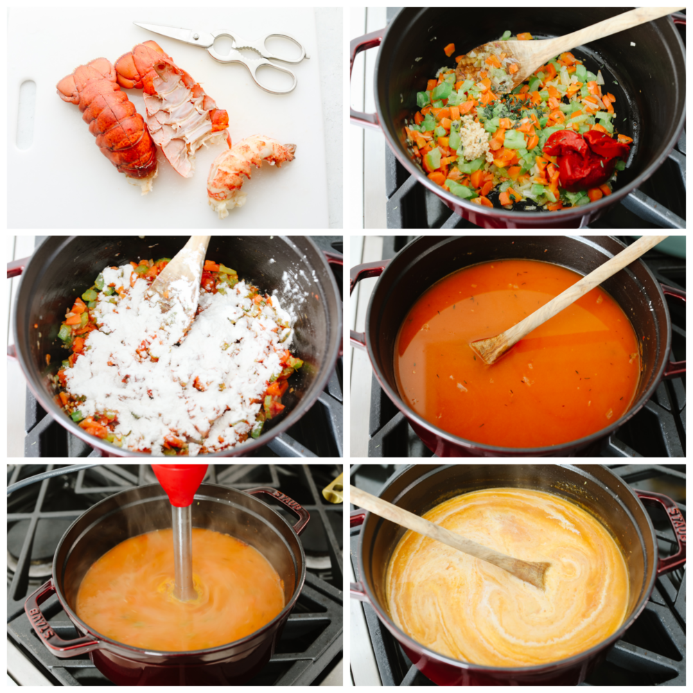Classy, elegant, and insanely delicious, this lobster bisque needs to make its way to your dinner menu as soon as possible! This recipe is absolutely divine and not one you will want to miss out on! 6 pictures showing how to cut a lobster tail and make lobster stock and bisque.
