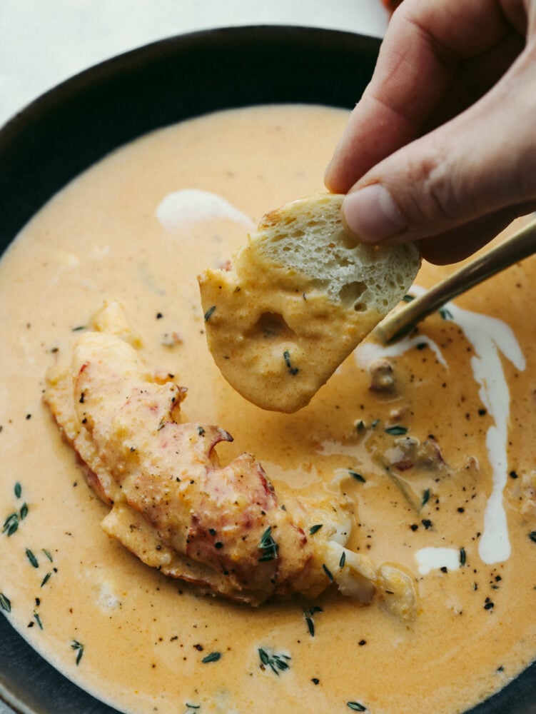Classy, elegant, and insanely delicious, this lobster bisque needs to make its way to your dinner menu as soon as possible! This recipe is absolutely divine and not one you will want to miss out on! Bread being dipped into a bowl of lobster bisque.