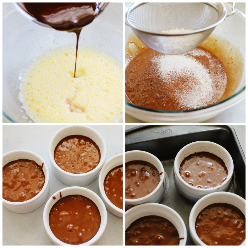Chocolate lava cake is the ultimate dessert. It's a showstopper, moist cake that has an oozing chocolate center. Your guests will go crazy over this recipe! 4 pictures showing how to make cake batter.