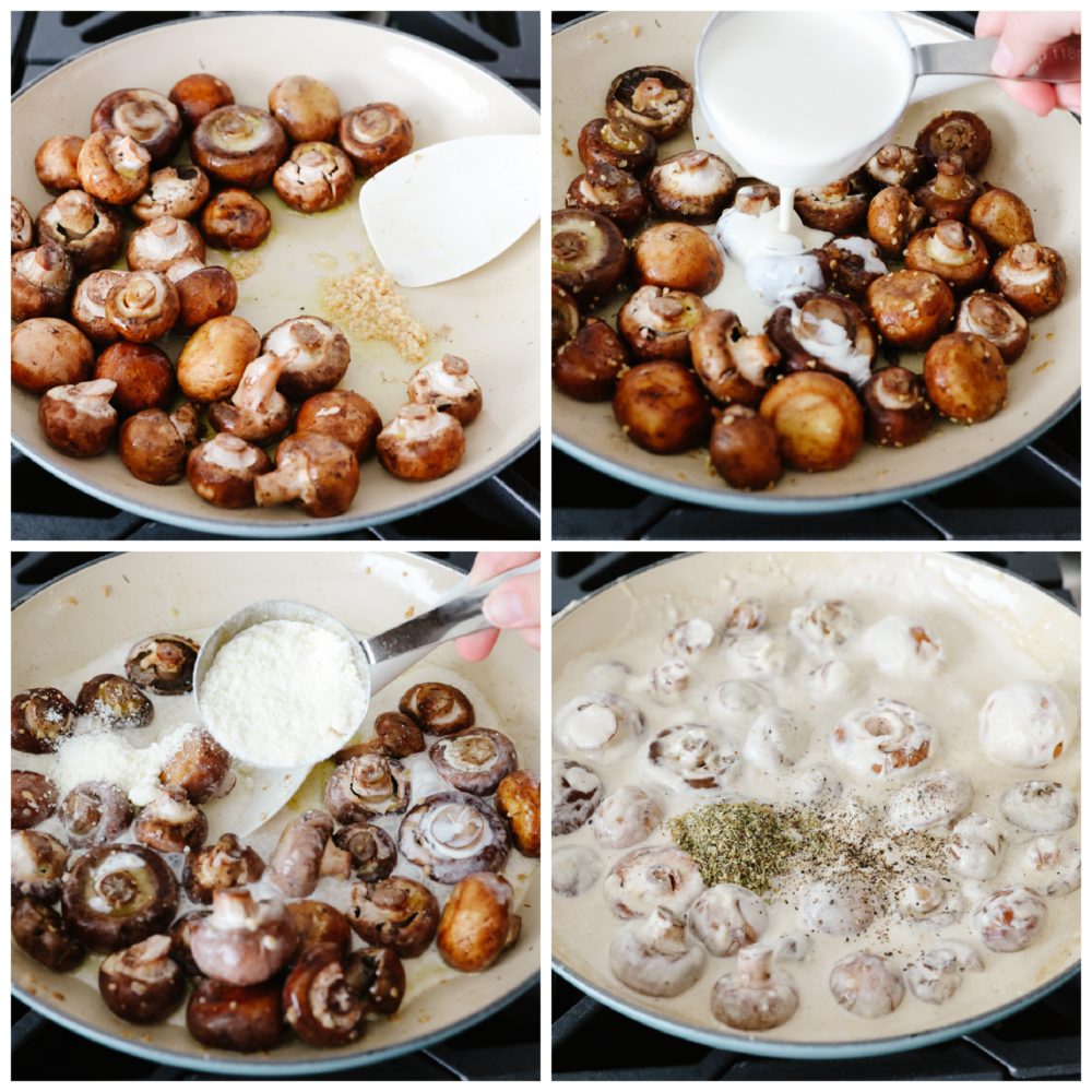 Calling all mushroom lovers! These creamy garlic parmesan mushrooms are waiting for you! Sautรฉed in garlic butter until tender and then tossed in the most AMAZING creamy parmesan sauce, these easy mushrooms will be off the plate and in your mouth in less than 10 minutes! 4 pictures showing how to cooke mushrooms and add the sauce to a pan.