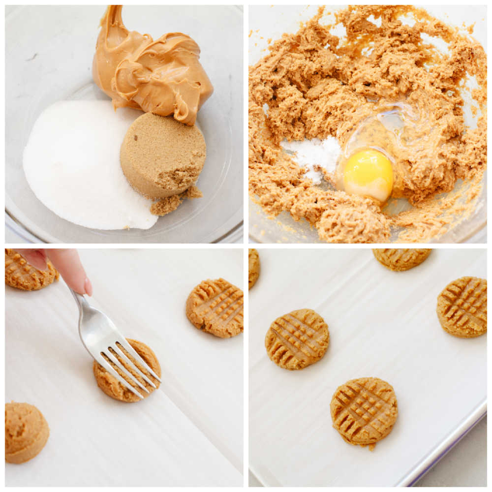 A flourless twist on a classic cookie? Yes, please! These cookies are packed with incredible peanut butter flavor and perfect for any gluten-free diet! 4 pictures showing how to mix the ingredients and indent the dough with a fork.