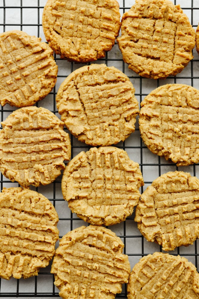 A flourless twist on a classic cookie? Yes, please! These cookies are packed with incredible peanut butter flavor and perfect for any gluten-free diet! Flourless peanut butter cookies on a cooling rack.