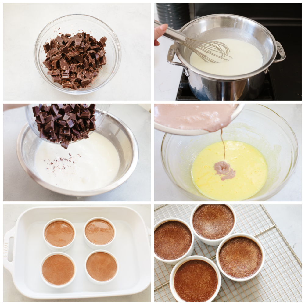 Pot de crème is silky smooth and loaded with chocolate flavor. Perfectly proportioned in individual servings, you can end any meal on a high note with this delectable dessert! 6 pictures showing how to melt chocolate, mix the ingredients together and cook them in ramekins.