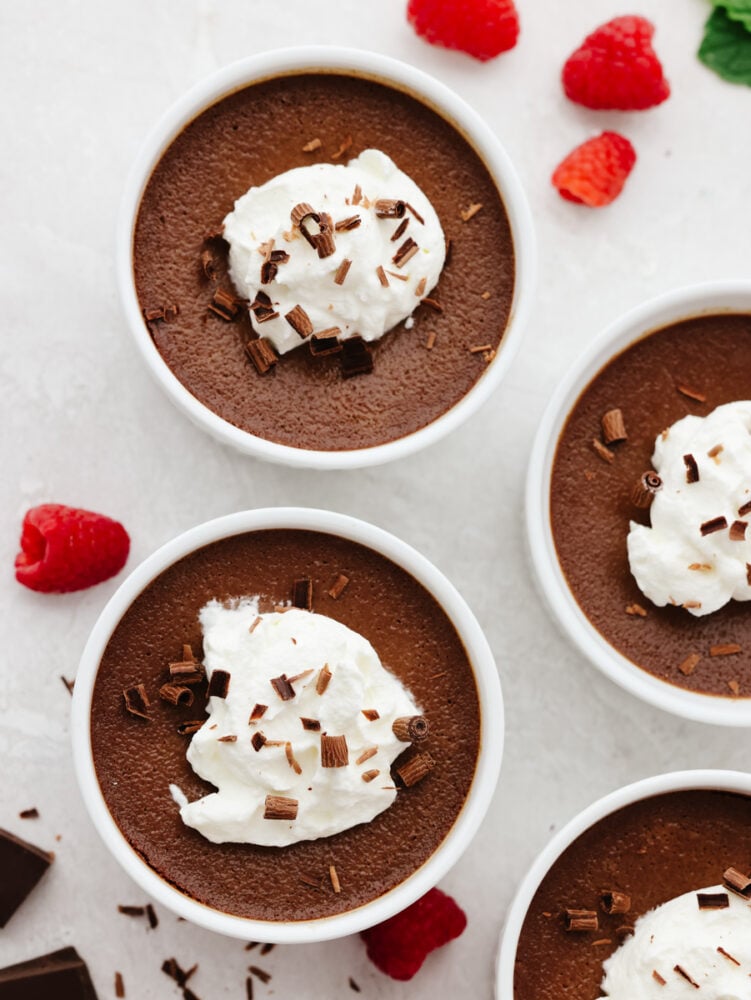 Pot de crème is silky smooth and loaded with chocolate flavor. Perfectly proportioned in individual servings, you can end any meal on a high note with this delectable dessert! The top view of pot de creme.