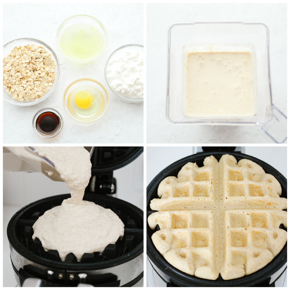 Get ready for some delicious and healthy waffles that are going to knock your socks off! These protein waffles are absolutely delicious, and you can whip them up in less than 10 minutes! 4 pictures showing how to make waffle batter and cook it in a waffle maker.