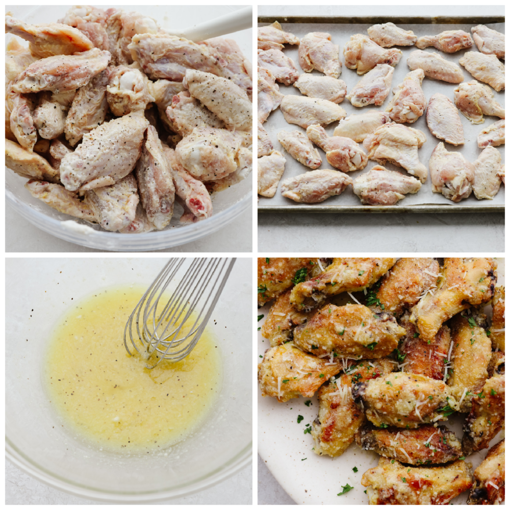 If you love wings, then these parmesan garlic ones are going to blow you away! The parmesan, honey, and garlic sauce are so delicious that these wings are going to fly off of your table! 4 pictures showing how make the sauce and how to coat the wings.