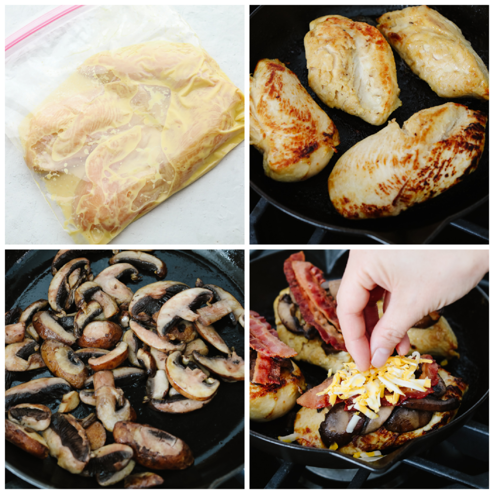 This copycat Alice Springs Chicken is a zesty, cheesy dinner that the whole family will enjoy! It's super easy to make and loaded with toppings like honey mustard, bacon, and colby jack cheese! Process photos of preparing marinade, sauteeing mushrooms, and adding toppings to Alice Springs Chicken.