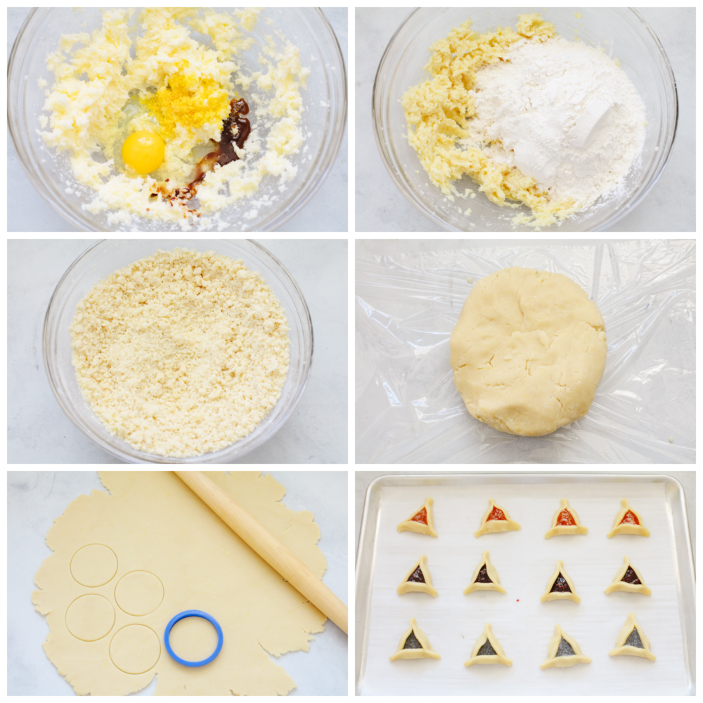 These triangle-shaped hamantaschen cookies are perfectly soft and filled with delicious jams and a homemade poppyseed filling. Step up your game and impress your guests with this unique and flavorful dessert! 6 pictures showing how to make dough, cut the dough and fill the dough.