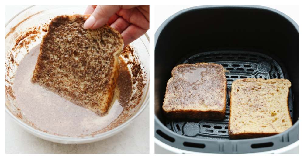Air fryer french toast is simple and delicious! You can whip this up in less than 10 minutes, and your family will gobble it up so fast that it will fly off of your table! 2 pictures showing how to dip bread in batter and then place it into the air fryer.
