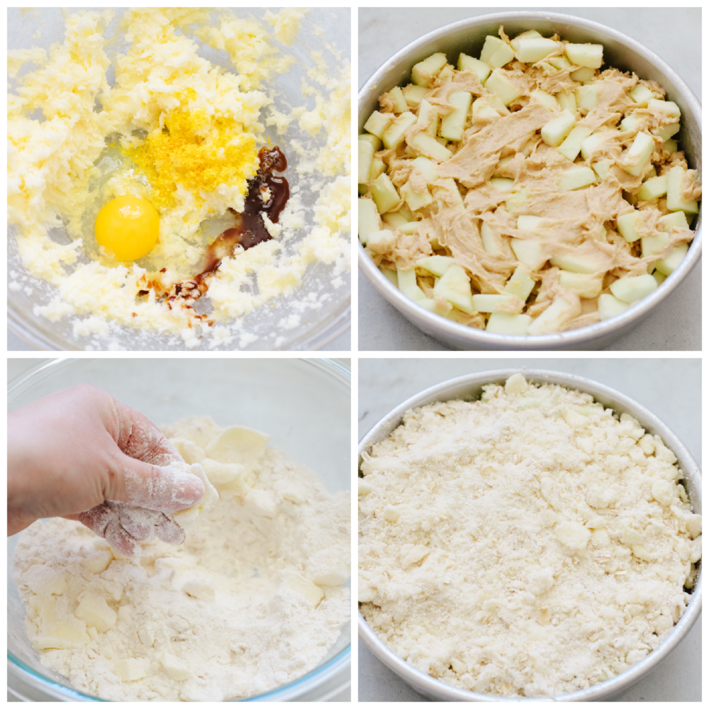 With a buttery streusel topping, Irish apple cake is tender and spiced to perfection. Drizzled with a warm custard sauce, this is one dessert you won't want to miss! Process shots of preparing cake batter and streusel topping.