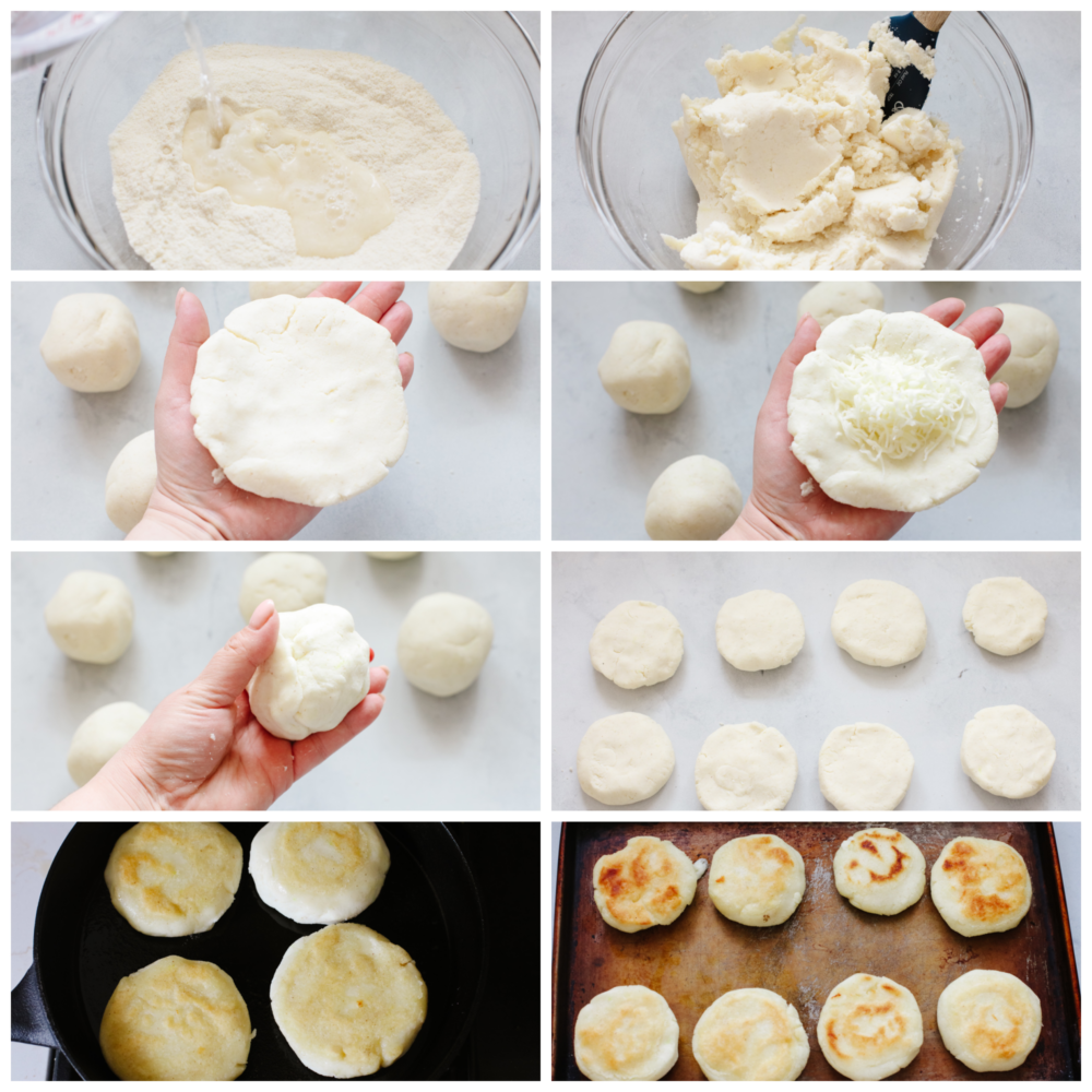 Arepas are a delicious cheesy bread made out of cornmeal! This super simple Colombian treat is sure to win the hearts of your family. Process shots of preparing dough and shaping into discs.