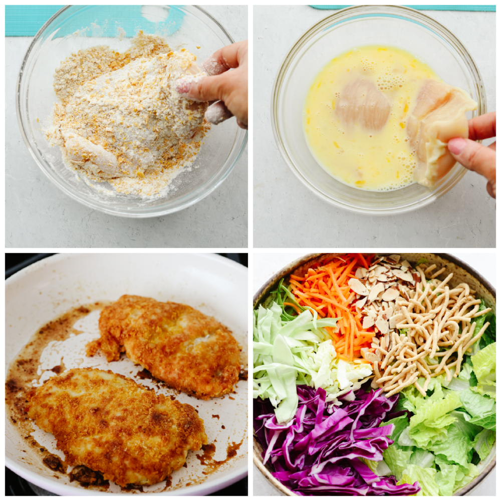 This Asian chicken salad is packed with crispy greens, crunchy chicken, toasted almonds, and chow mein noodles. It's tossed with a light and delicious creamy vinaigrette and will be your new go-to salad! 4 pictures showingg how to coat and cook chicken and mix a salad.