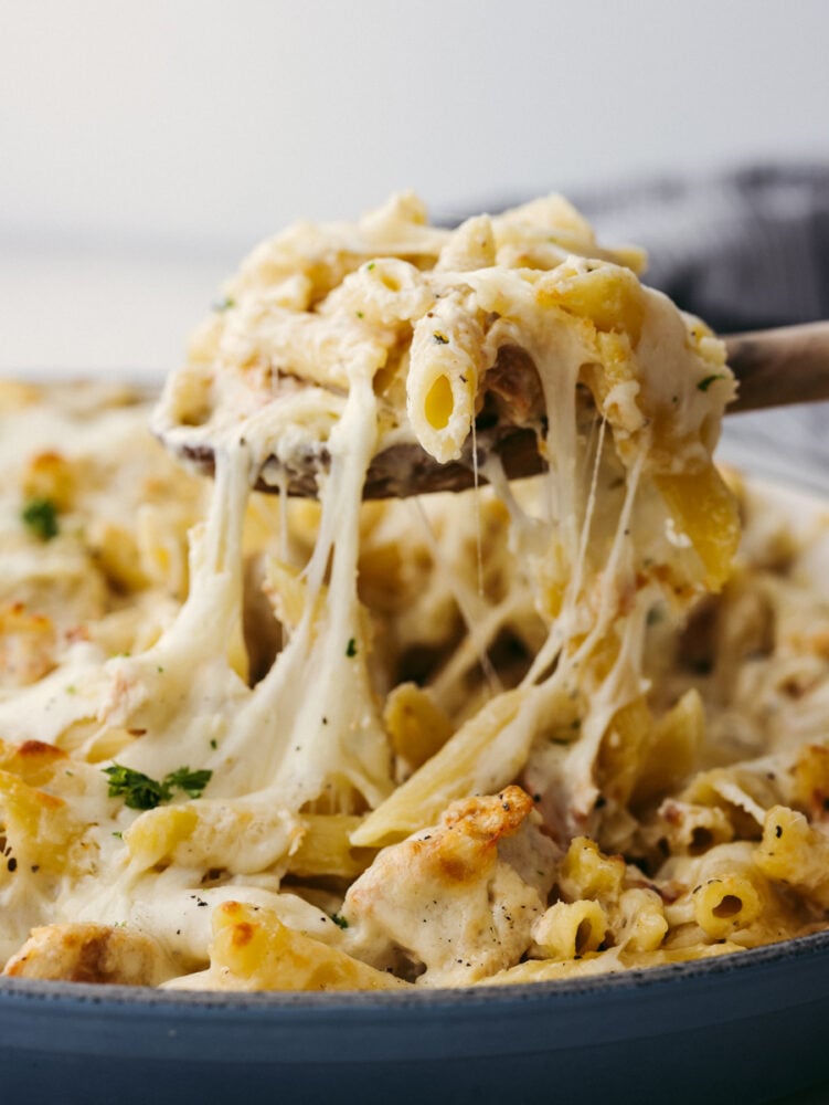 When I see Chicken Alfredo on a menu, I breathe a sigh of relief because I know my kids will actually eat it. I made this Chicken Alfredo Bake thatโs creamy, comforting, and ready in under 40 minutes. Baked chicken alfredo pasta being served with a wooden spoon.