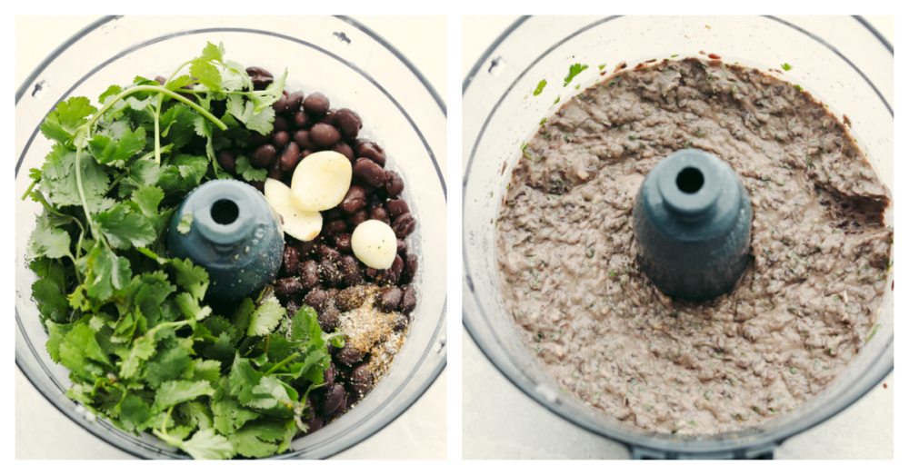 This black bean dip flavored with garlic, lime, and spices is going to be the star of your next party! It whips up in minutes and is absolutely irresistible. 2 photos of blending dip ingredients together.